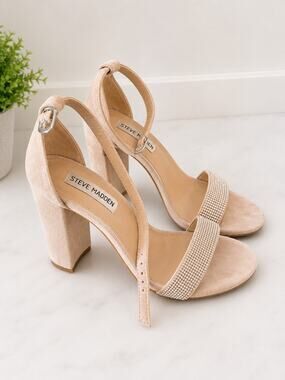 Steve Madden Nude & Rhinestone Open Toe Block Heels Size 7 Ankle Strap Coquette